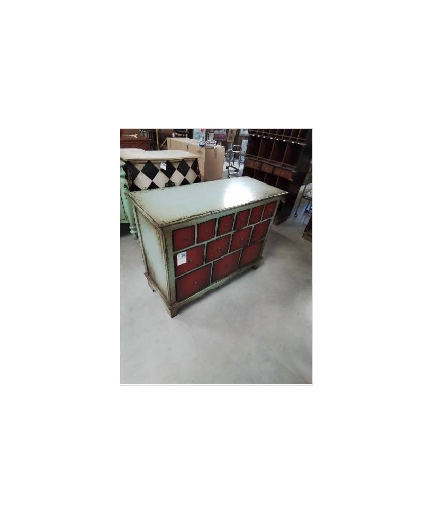 COMMODE ACAJOU   LAQUE  VERT 13 TIROIRS ROUGE PLATEAU MDF B 008